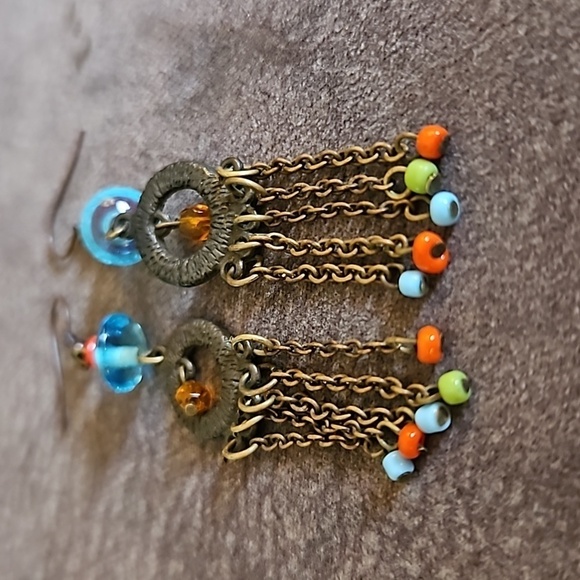 3/$30 VTG Antique Brass Beaded Chandalier Dangle Hook Earrings - Picture 4 of 5